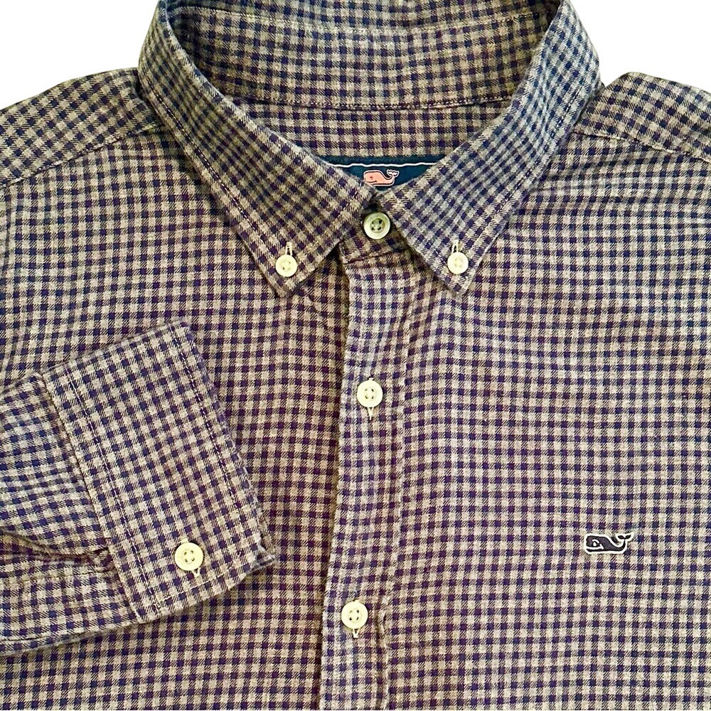 Vineyard Vines Plaid Flannel 100%‎ Cotton Whale Shirt Men's XL Navy Gray Preppy